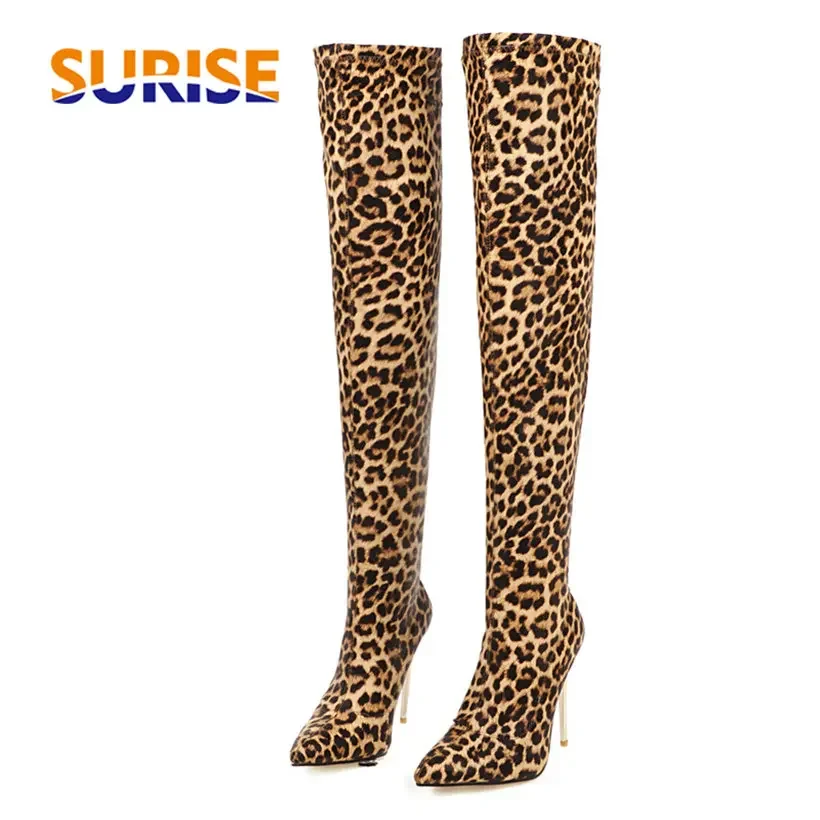 Sock Boot Women - Artı Boyutu Streç Leopar Diz Üzerinde