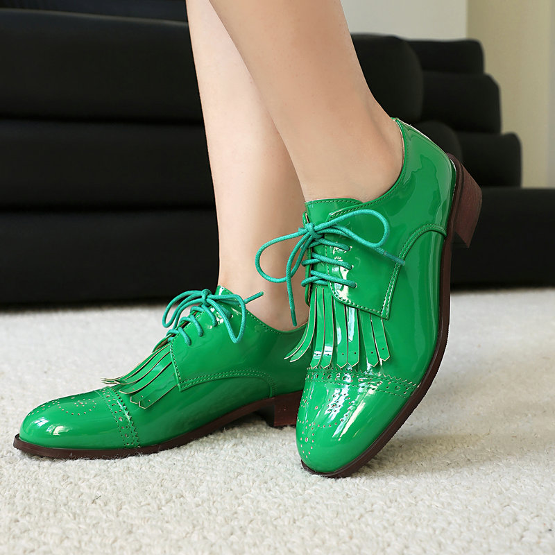 Patent PU Deri Pembe Yeşil Kır - Oxford Lace Up Women incelemesi ve fiyatı